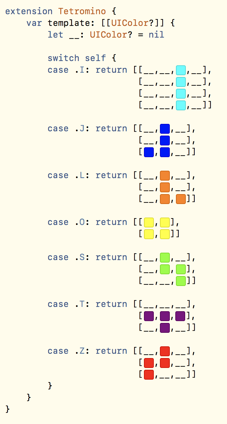 Image of data structure in Swift that use color literals to specify Tetris shapes.