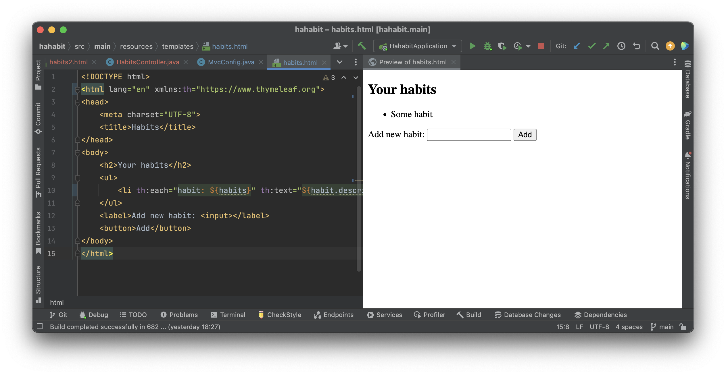 Screenshot of IntelliJ IDEA, editing and previewing habits.html.