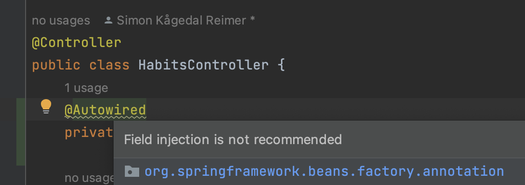 Screenshot of IntelliJ IDEA, saying that field injection with @Autowired is not recommended.
