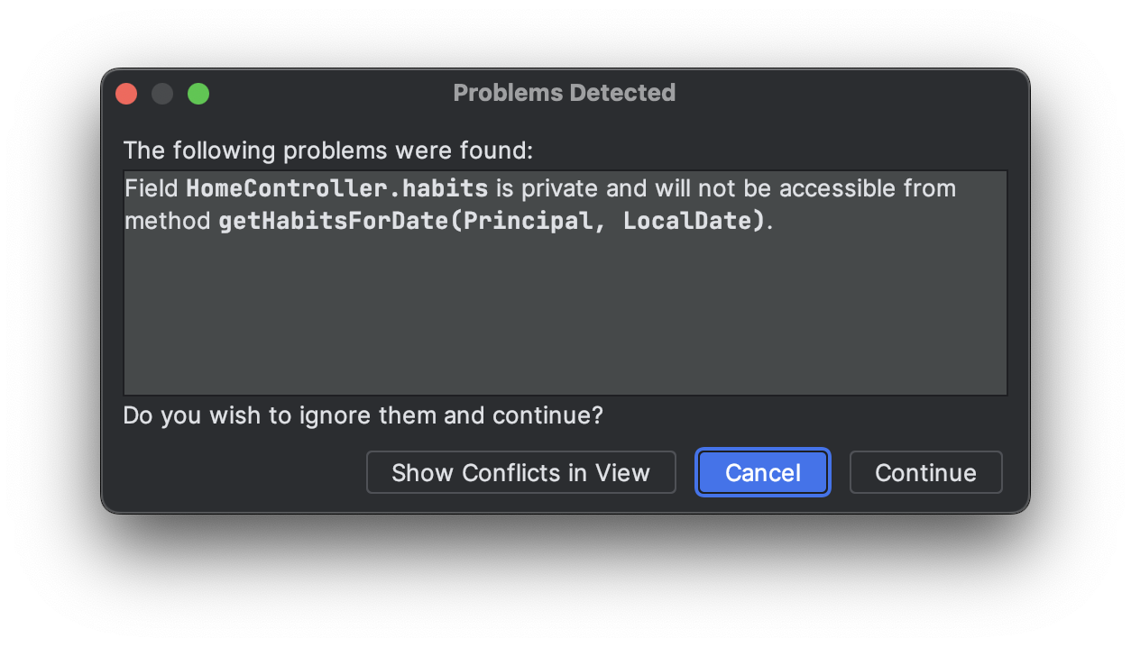 Move instance method dialog from IntelliJ IDEA - problems were found