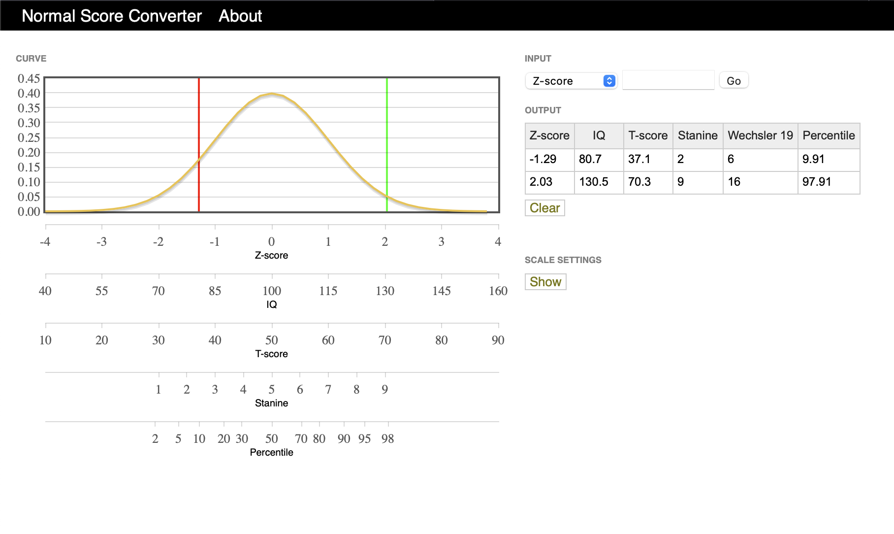 Screenshot of Normal Score Converter.